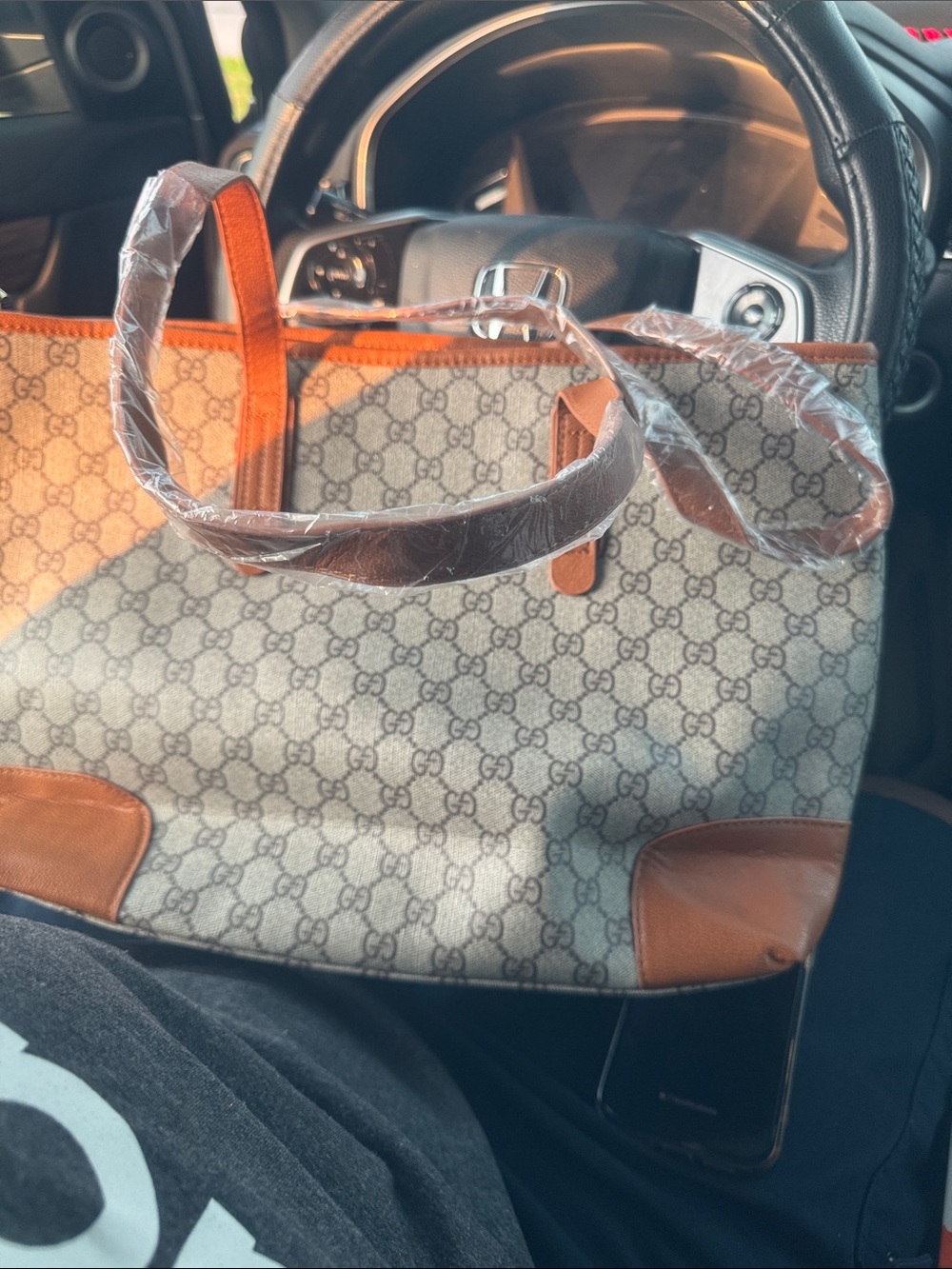 Gucci Beige GG Supreme Canvas Tote with Red and Green Stripe and Brown Trim - Picture 2 of 3